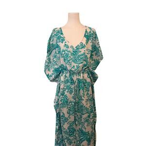 Toshie Italy NWOT Cotton Batwing Dress Aqua White V-Neck Drawstring Beaded - L